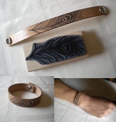 Testing a rubber stamp pattern on a leather bracelet. Stamp Pattern, Leather Goodies, Leather Tutorial, Leather Jewelry Making, Leather Scraps, Leather Stamps