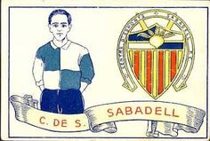 an old school card with a man standing in front of the crest and banner that says c d s saadell