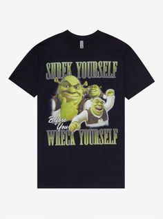 Beware of ogres when you wear this retro Shrek-inspired tee! Featuring a collage of everybody's favorite ogre Shrek and 90's style text of "Shrek Yourself Before You Wreck Yourself"  this shirt is sure to strike fear into those who dare to enter your swamp.A BoxLunch Exclusive!CottonListed in unisex sizesWash cold with like colors; dry lowDo not iron over printImported Goofy Shirt, Silly Clothes, Silly Shirt, Slay All Day, 90s Shirts, Weird Shirts, Funny Tee Shirts, Funny Outfits, Keno