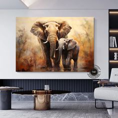 two elephants are standing in the middle of a living room with a painting on the wall