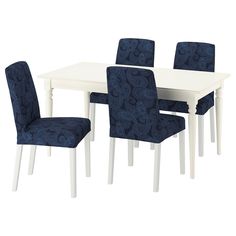 INGATORP / BERGMUND table and 4 chairs, white/white Kvillsfors dark blue/blue, 61/84 5/8 ". The self-storing leaf is easy to insert to extend the table and just as easy to remove and tuck away under the table top when your guests have gone home. This 4-seat table can easily be extended into a 6-seat table using the included self-storing leaf. The white table top has a smooth, flawless look that is easy to clean. The upholstery of the chair consists of straight polyester fibers with small gaps be Ikea Ingatorp, Ikea Bar, Bar Stool Furniture, Table And 4 Chairs, White Table Top, Ikea Family, Cafe Tables, Under The Table, White Table