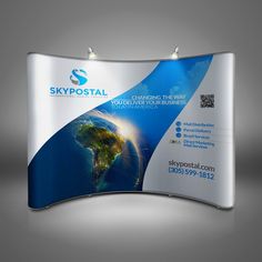 an image of a curved trade show booth with skypostal on the back wall