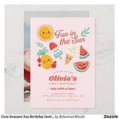 a pink birthday card with watermelon, ice cream and sun on the front