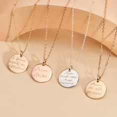 Our Personalized Signature Disc Necklace is simple and sophisticated, perfectly suited for those who love minimal style. Add a hand-engraving to create a personalized engraved necklace to treasure forever.18K Champagne Gold Plated, 925 Sterling Silver or 18K Rose Gold PlatedDisc Charm: 0.8”x0.8”Optional: Mini Heart or Star Charm: 0.4x0.4Charms are removable from this chain and can be worn on all Merci Maman chain lengthsEngraved by hand in our Paris workshopSent with love in a complimentary gift Happy Birthday Friends, Message Necklace, Personalised Necklace, Happy Birthday Mom, Mini Charm, Disc Necklace, Mini Heart, Engraved Necklace, Champagne Gold