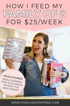 a woman holding up her family's 8 for $ 25 / week plan