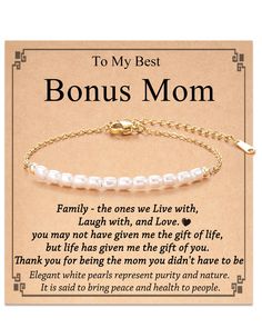 PRICES MAY VARY. [Gifts for Bonus Mom] - You must love your bonus mom very much, and give her a present to show your gratitude! Every time she wears the bracelet, she will feel your love and the close bond between you and her. "DNA doesn't make our family, laugh and love does" [Bonus Mom Bracelet] - Artificial pearl bracelet is a classic fashion accessory, white pearls also symbolize health and happiness. The Bracelet comes with a meaningful gift card, all items are packed in a bag. Great gifts Gift Ideas For Aunt, Aunt Gifts From Niece, Bonus Mom Gifts, Mom Bracelet, Bonus Mom, Step Mom Gifts, Auntie Gifts, Grandma Birthday, Moms Bracelet