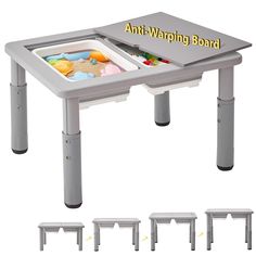 an image of a children's table with four stools and two trays