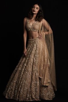 Liquid Gold Lehenga Set
This gold lehenga set features three-dimensional floral sequin embroidery. The outfit is paired with a net embroidered dupatta. Reception Outfit, Gaun Fashion, Net Lehenga, Lehenga Skirt, Ghagra Choli, Sequin Embroidery