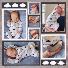 a collage of photos with a baby laying on it's back and hands holding the infant