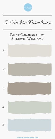 paint colors from sherylin williams's 5 modern farmhousees in shades of gray, blue and white