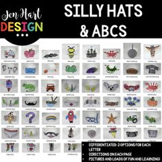 an advertisement for silly hats and abc's with images of different types of masks