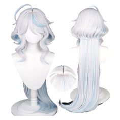 two wigs with blue and white streaks on them, one is long and the other is short