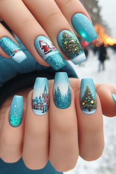 Winter Nails Acrylic Blue, Short Christmas Nails Blue, Christmas Nail Designs Blue, Girly Christmas Nails, Pastel Christmas Nails, Christmas Nails Blue, Penguin Nails, Blue Christmas Nails, Berry Nails