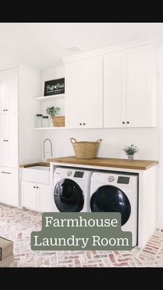 a washer and dryer in a white laundry room with red brick flooring