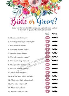 the bride's groom question sheet is shown with flowers on it and text that says,