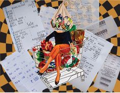 a woman sitting in a shopping cart filled with lots of paper and other items on top of a checkered floor