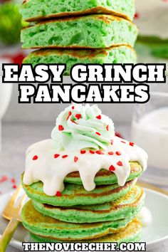 Bring a bit of holiday magic to your kitchen with these Grinch Pancakes! Fluffy green pancakes are topped with a creamy buttercream frosting and adorned with candy hearts, perfect for adding a touch of Christmas cheer to breakfast. Plus, they’re quick and easy to whip up, making them ideal for busy holiday mornings.