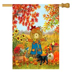 a painting of a scarecrow and her dog in a pumpkin patch with fall foliage