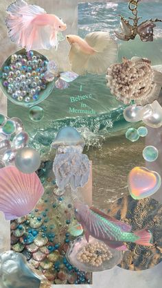 a collage of sea shells, pearls and other things in the water with words below it