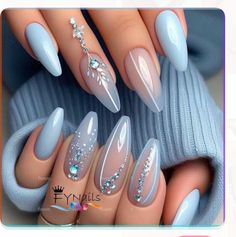 Wedding Nails Blue And White, Baby Blue Nails Ideas, Almond Nail Design Ideas, White Blue Nails, Cinderella Nails, Blue Wedding Nails, Cherry Blossom Nails Art, Cherry Blossom Nails, Baby Blue Nails