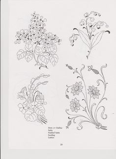 three different types of flowers are drawn in black and white ink on paper, each one has