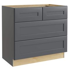 a gray cabinet with two drawers on one side and an unfinished drawer on the other