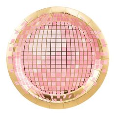 a pink and gold plate on a white background