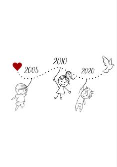 a drawing of two children flying kites with the year 2000 and 2009 written on them