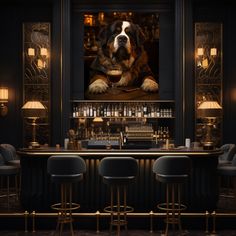 a dog is sitting on the bar in front of some stools and lamps,