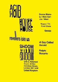 an advertisement for the agid house, which is in black and white on a yellow background