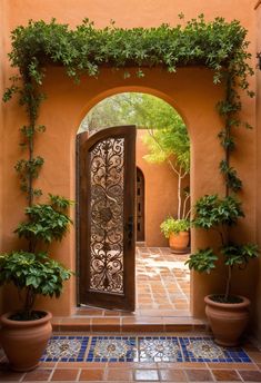 an open door leading into a courtyard with potted plants and greenery on either side