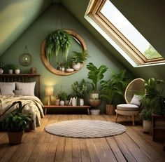 an attic bedroom with green walls and wooden flooring, potted plants on the bed