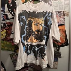 Size: It Fits. Medium To A Large Has A Little Hole Top Left Missing Some Crystals But Tee Is In Good Condition Still Wearable Yeezy White, Mens Yeezy, Jesus Is King, Jesus Is, Kanye West, Tee Shirts, Blue And White, Jesus, Mens Shirts