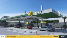 an image of a gas station with cars parked at it's pumps and the words happy written on the front