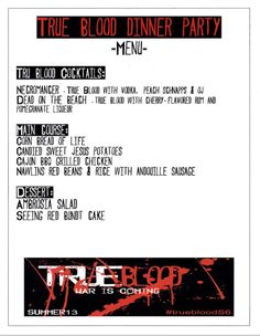 a menu for a party with red and black writing on the front, along with other items