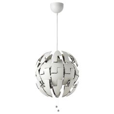 a white light that is hanging from a ceiling fixture in the shape of a ball