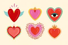 an assortment of hearts with different shapes and sizes on them, including one heart in the middle