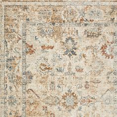 an area rug with many different colors and patterns on the carpet, including beiges, browns