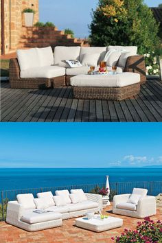 an outdoor furniture set with white cushions and pillows on the ground, next to a view of the ocean