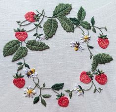 a close up of a piece of cloth with flowers and strawberries on it