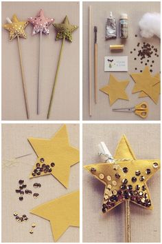 gold stars and sequins are being used to make wands