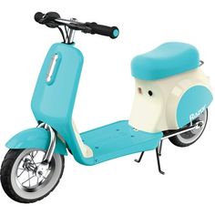 a blue and white scooter on a white background