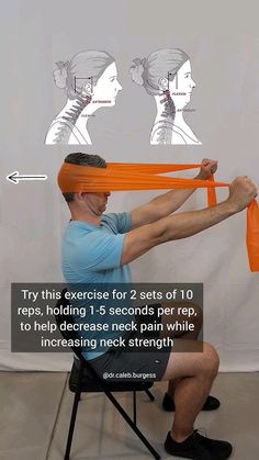 a man sitting in a chair holding an orange scarf over his head with the words try this exercise for 2 sets of 10 reps, holding 1 - 5 seconds per