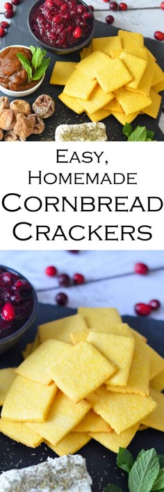 easy homemade cornbread crackers with cranberries and nuts on the side, ready to be eaten