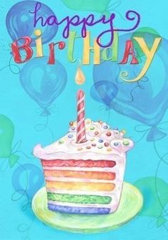 a birthday card with a cake and balloons