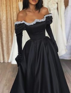 A-Line Evening Gown Gothic Dress Formal Wedding Party Floor Length Long Sleeve Off Shoulder Satin with Pearls 2024 Elegant Long Train Festive Dresses, Elegant Festive Dress With Long Train, Fitted Floor-length Wedding Dress For Festive Season, Fitted Ball Gown With Long Train For Banquet, Long Sleeve Formal Ball Gown With Sweep Train, Long Sleeve Dresses For Wedding And Prom Season, Banquet Gown With Sweetheart Neckline And Sweep Train, Sweetheart Neckline Gown With Sweep Train For Banquet, Fitted Gown With Long Train For Banquet