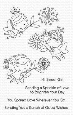 Celebrate the power of magical thinking! Don’t you love the idea of flower fairies flitting about your garden playing hide and seek behind mile-high blooms? No? Just me? Even if you don’t share an affinity for daydreaming of enchantment amongst the tall grass, there are magical little beings in your life that will positively delight over the inclusion of this trio of pretty little pixies on cards you’ve lovingly crafted just for them. Our clear stamps are made in the USA and include the name of Fairies Drawing Easy, Cute Fairies Drawings, Fairy Doodles Easy, Fairy Easy Drawing, How To Draw A Fairy, Fairy Art Drawing, Doodle Fairy, Fairy Doodle, Cartoon Fairy