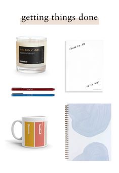 a candle, notebook and pencils are arranged on a white background with the words getting things done