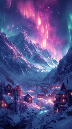 the night sky is lit up with colorful lights and mountains in the background, as well as snow covered houses