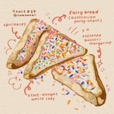 two pieces of bread with sprinkles and confetti on them, labeled in different languages